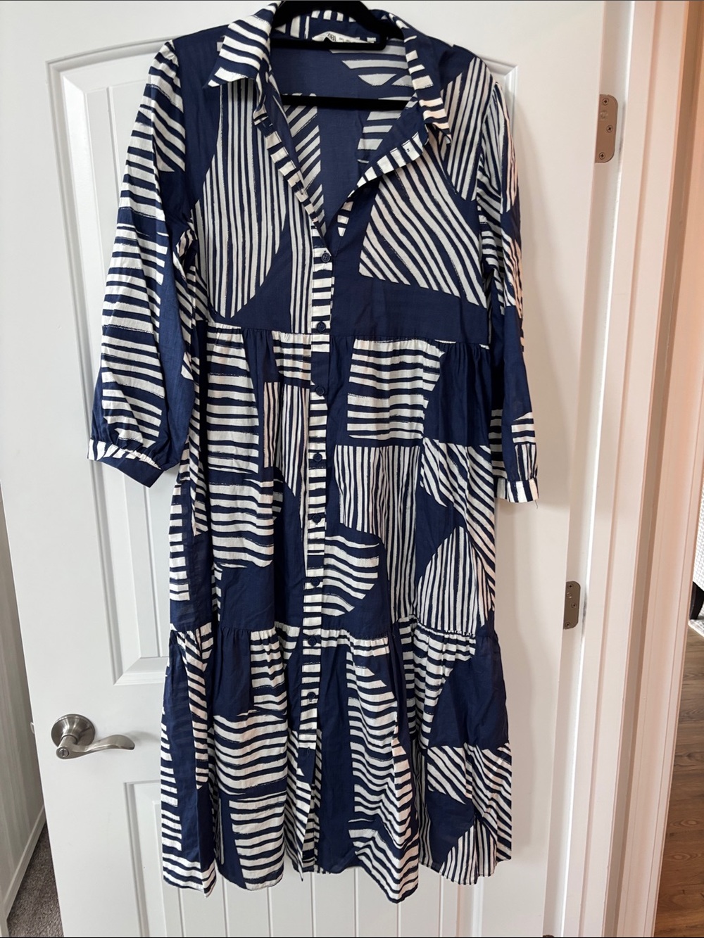 Zara Navy and White Midi Shirt Dress